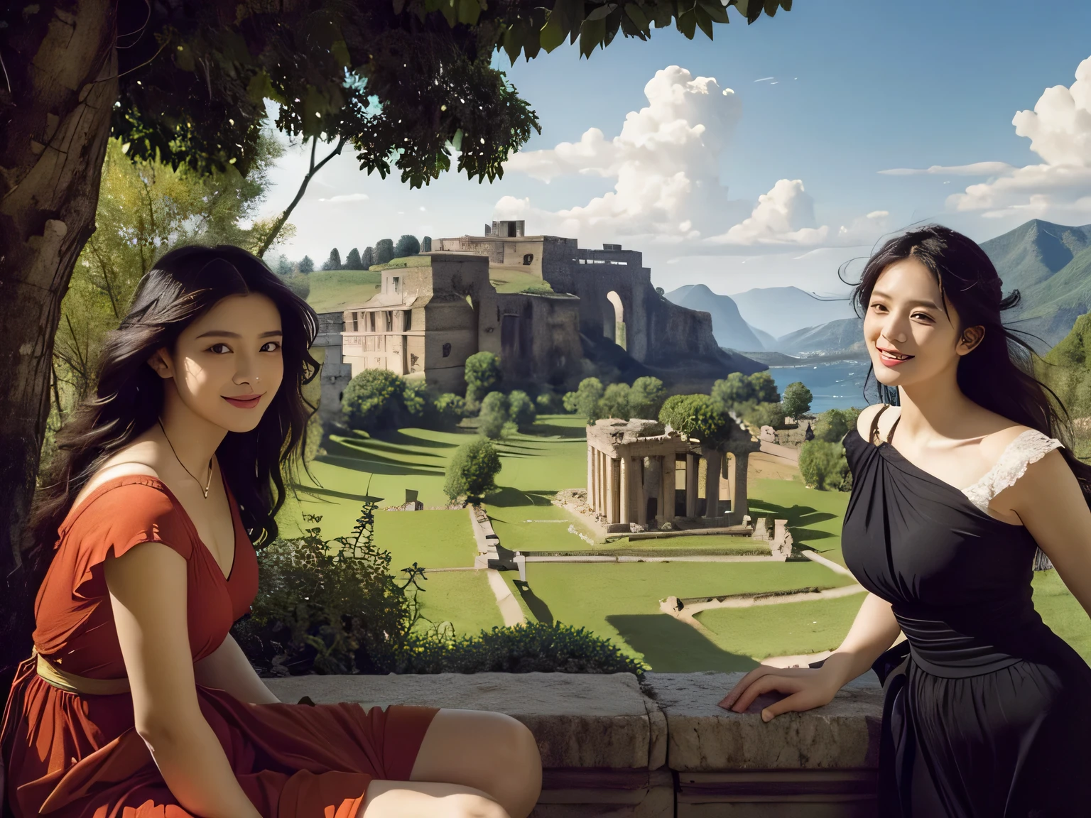 Ancient Roman ruins,landscape in the style of Poussin,A smile,,Sweet and seductive appearance.、Caravaggio's paintings、Chiaroscuro of Caravaggio、Hair disheveled in the wind,Two women frolicking,Cute smile, Expression of ecstasy,A sexy,erotick