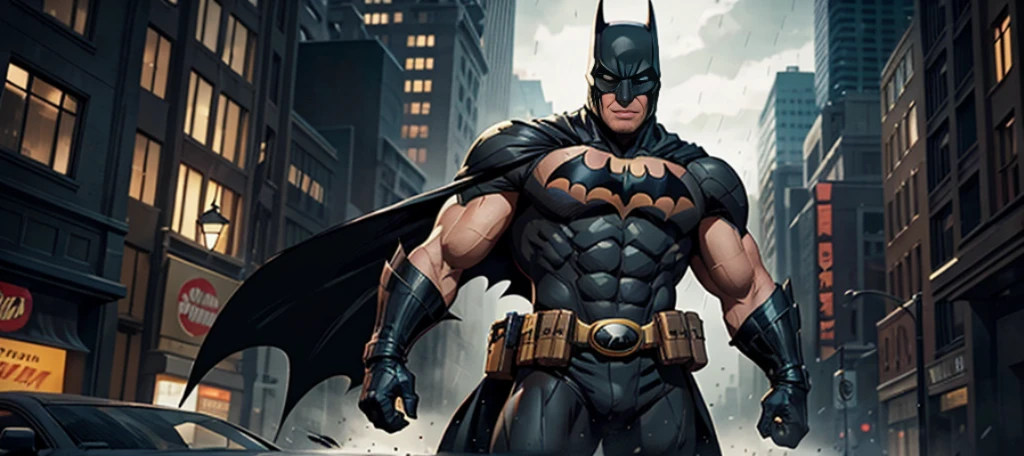 Generate an ultra-realistic, ultra-detailed, and ultra-clear masterpiece of Batman standing confidently next to the Tumbler. Batman should be depicted in his classic black Batsuit, complete with a sculpted chest emblem, a utility belt, gauntlets, and boots. Ensure that his cape flows behind him, creating a striking and dramatic effect. The Tumbler should be showcased in its sleek and heavily armored form, highlighting visible details such as the jet engine, rugged tires, and the iconic Bat symbol on the front. Set the scene in a dark and gritty urban environment that resembles Gotham City, featuring tall buildings, dimly lit street lamps, and gentle hints of rain. The atmosphere should evoke a palpable sense of mystery and danger. Batman's facial expression should exude determination and focus, with his eyes concealed behind the cowl. Pay careful attention to lighting, ensuring it accentuates the contours of Batman's suit and the Tumbler, enhancing their iconic features. The overall composition should masterfully capture the essence of Batman's unwavering commitment to protecting Gotham City from crime, resulting in an extraordinary masterpiece that is ultra-realistic, ultra-detailed, and ultra-clear.