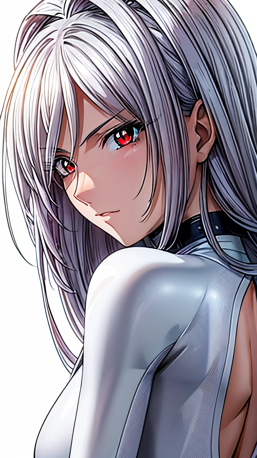 (masterpiece, best quality, ultra-detailed, highres, illustration:0.8), extremely detailed wallpaper, official art, amazing, high detail, ultra-detailed, extremely detailed 8k wallpaper,closed full body, bright silver hair, red eyes with slit pupils, (white background: 1.3), (1girl, solo),(bodysuit),sexy,perfect anatomy,beautiful face, blush, back figure, looking back, 