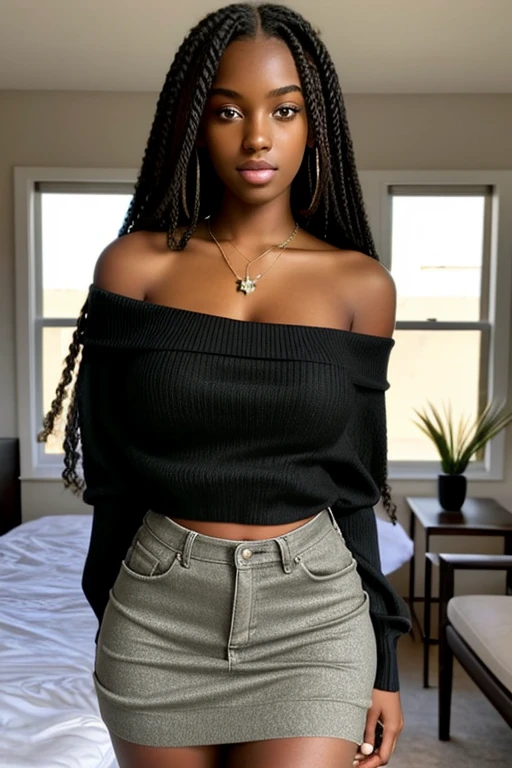 1girl in, 19, Solo, black African, Long hair, Colossal tits, Looking at Viewer, blondehair, Brown eyes, jewely, Full body, a necklace, off shoulders, Sweaters, Realistic, A sexy