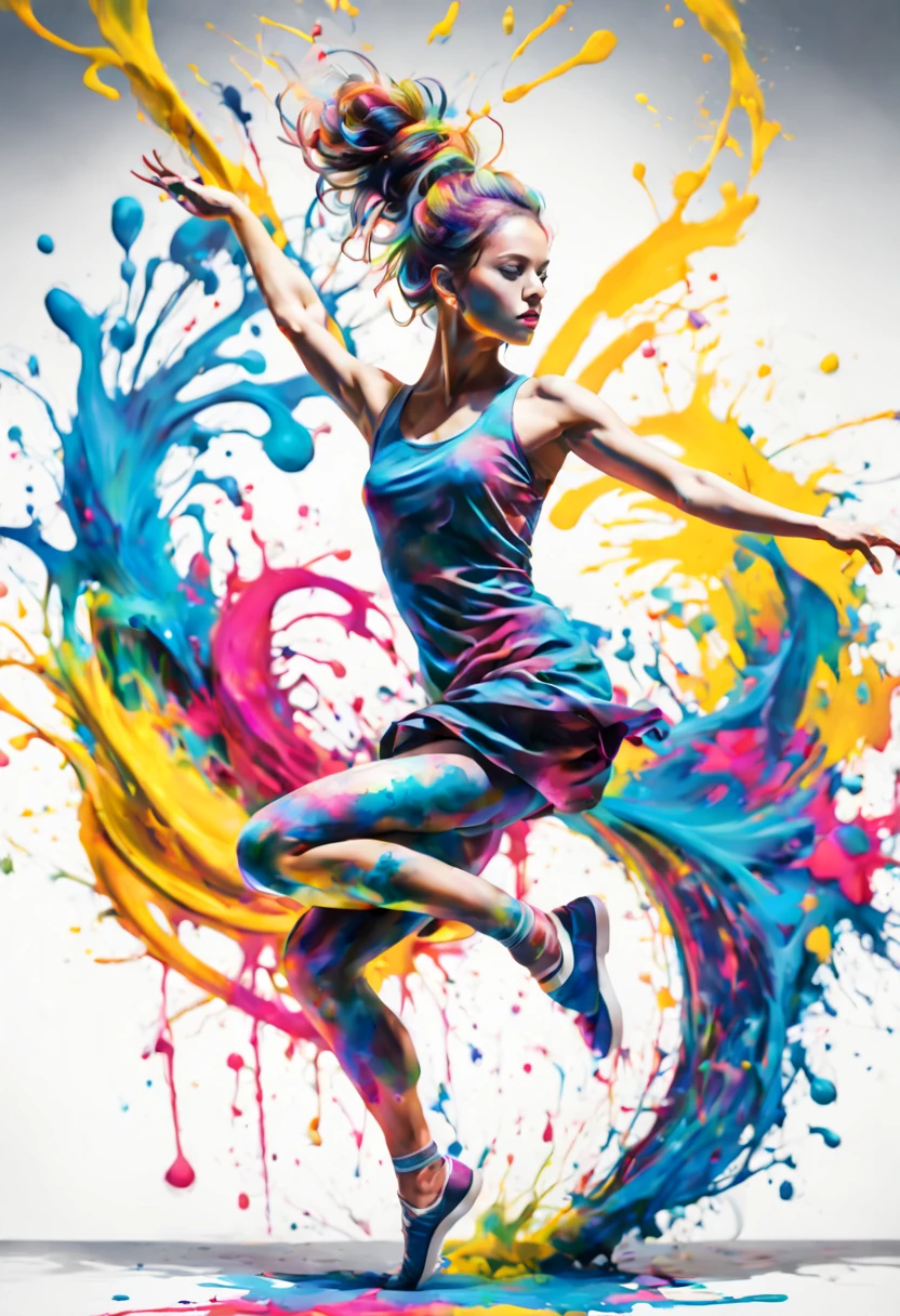A vibrant, abstract ink splatter painting of a dancer in mid-air, surrounded by a swirl of musical notes. 8K, hyper detailed. graffiti art, splash art, street art, spray paint, oil gouache melting, acrylic, high contrast, colorful polychromatic, ultra detailed, ultra quality, CGSociety