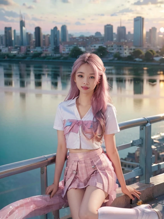 ((masterpiece, high quality, best quality)),Beautiful Thai girl college student,dressed,beautiful hair and eyes and face, realistic, ultra detailed, beautiful girl, blue sky, glow white particle, (sidelighting:1.2), sunset light, white cloud, detailed clouds, slender,smile,scenery, long straight hair, sexy facial expression, building, (cityscape:1.7), dynamic hair, long straight hair, detailed platinum pink hair, glow blue eyes, (pink pleated shirts + pink skirt), white long socks, pale skin, hair ornament, epic scenery,