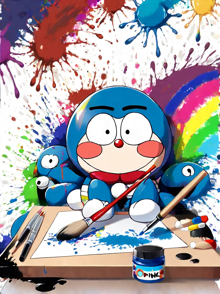 Whimsical vibe，an underwater world，((A cute octopus-shaped Doraemon is drawing on the drawing board with a brush:1.6))，((ink pigment，Strong splash of colored ink:1.6))，(在画布和章鱼身上有更多的ink splatter effect:1.6)，(Character covered in ink liquid splatter:1.6), (ink splatter effect:1.4)，(Splash paint:1.4), (Rainbow paint splash:1.4)，(paint splatter background:1.4)，The octopus should look happy doing its art，Surrounded by a vibrant aquatic environment filled with coral and marine life，(vector illustration:1.2)