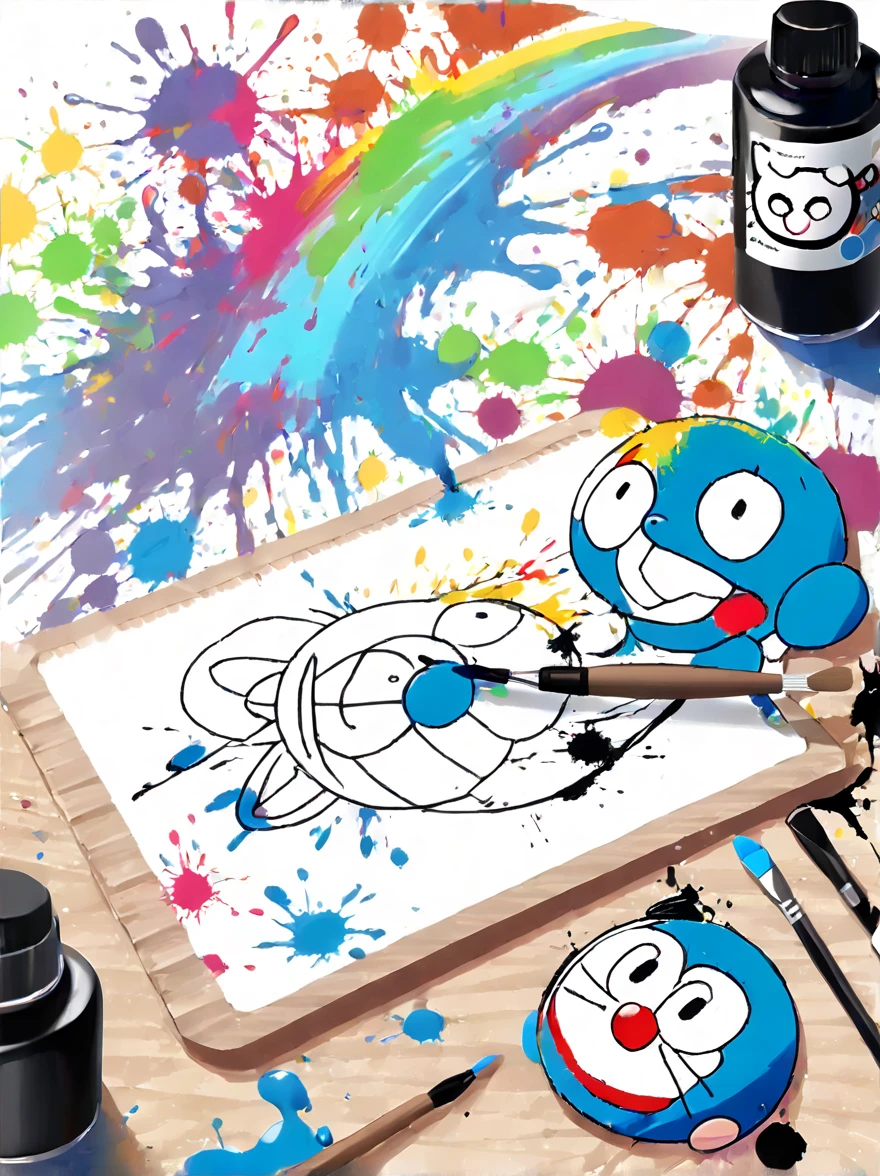 Whimsical vibe，an underwater world，((A cute octopus-shaped Doraemon is drawing on the drawing board with a brush:1.6))，((ink pigment，Strong splash of colored ink:1.6))，(在画布和章鱼身上有更多的ink splatter effect:1.6)，(Character covered in ink liquid splatter:1.6), (ink splatter effect:1.4)，(Splash paint:1.4), (Rainbow paint splash:1.4)，(paint splatter background:1.4)，The octopus should look happy doing its art，Surrounded by a vibrant aquatic environment filled with coral and marine life，(vector illustration:1.2)