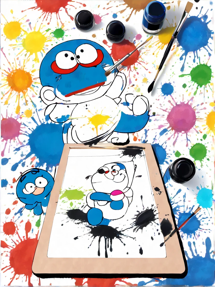Whimsical vibe,an underwater world,((A cute octopus-shaped Doraemon is drawing on the drawing board with a brush:1.6)),((ink pigment,Strong splash of colored ink:1.6)),(在画布和章鱼身上有更多的ink splatter effect:1.6),(Character covered in ink liquid splatter:1.6), (ink splatter effect:1.4),(Splash paint:1.4), (Rainbow paint splash:1.4),(paint splatter background:1.4),The octopus should look happy doing its art,Surrounded by a vibrant aquatic environment filled with coral and marine life,(vector illustration:1.2)