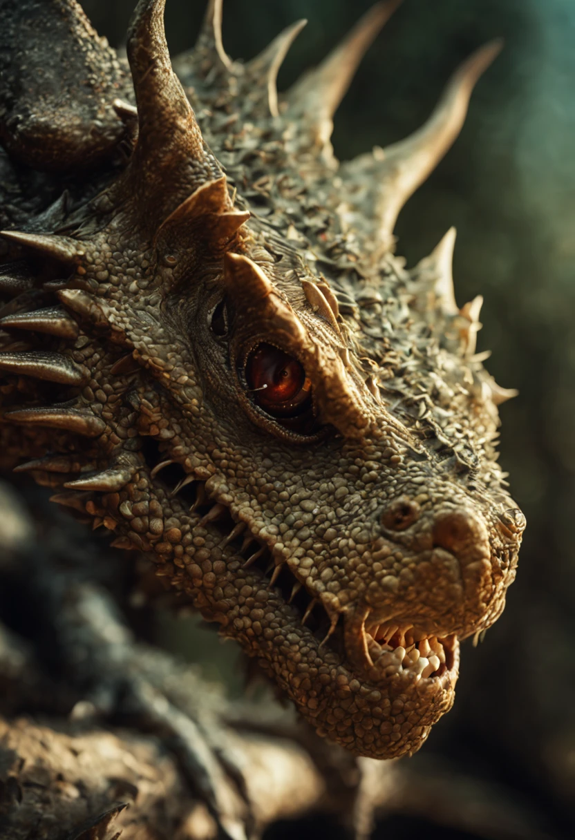 masterpiece(Best Quality, hight resolution, sense of reality:1.37), Ultra-detailed, A realistic lizard. Scales are shining. (It has horns). Its body is covered with thorns. (((Wings like a bat))). ((A face like a dragon)). It has big fangs. It has a long neck. It is very huge body. Seen from below. Beautifully detailed, solemnity, hight resolution, SLR camera, depth of fields