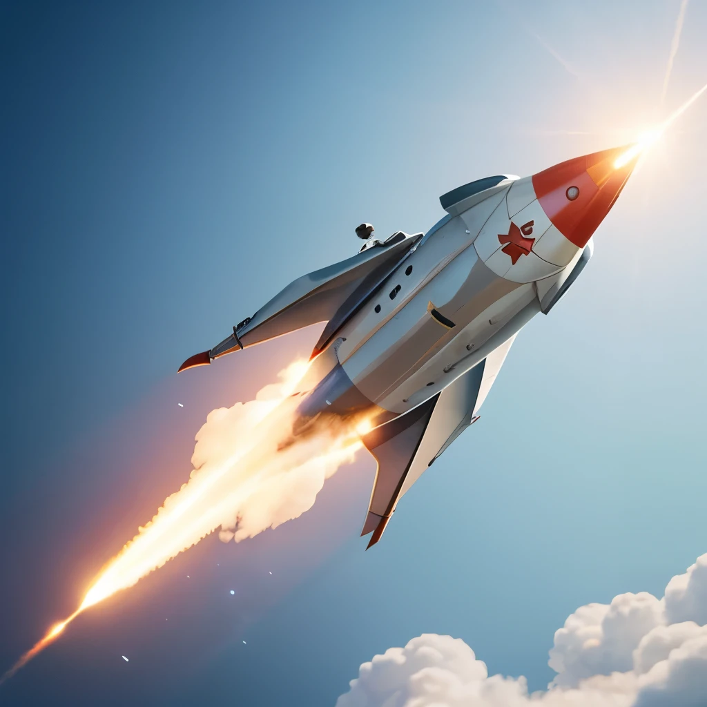 Rocket launching, rocket flying in the sky, surreal, 4K, non blurry, shining, Gorgeous, beautiful, 8k, ultra high definition