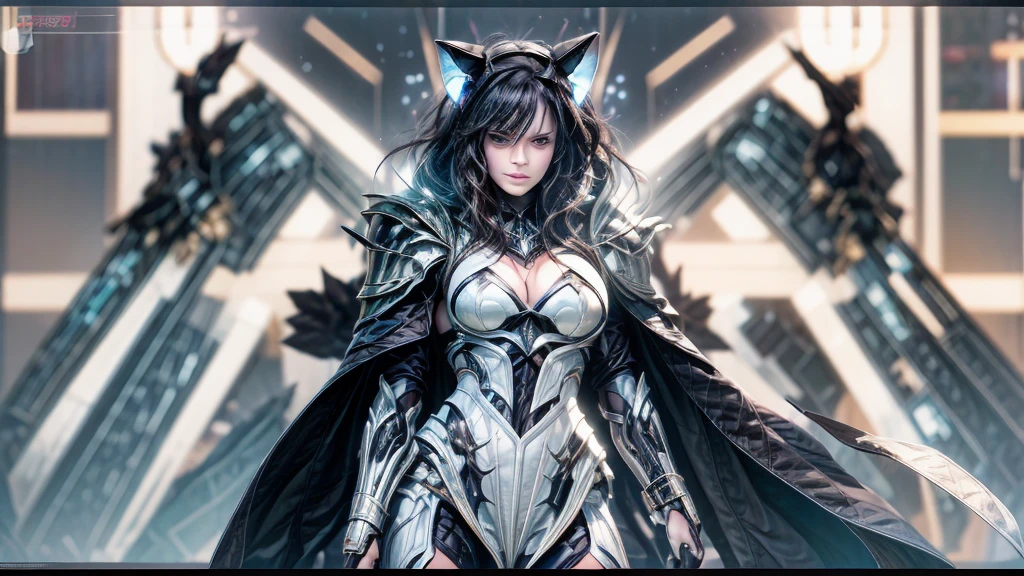 1girl, black hair, blue eyes, wearing full body armored suit, particles in background, absurdres, high res, ultrasharp, 8K, masterpiece, looking at viewer, cat girl ears same color as hair, mask, hands armored gloves, long cape, tmasterpiece, ultra fine photos, best qualtiy, realisticlying, rays of sunshine, full-body portraits, cleavage breasts, delicated face,Vibrant eyes,very highly detailed background, detailed background, opulent, high detail skin, Realistic details of skin,Visible pores,Clear focus,volume fog,8K UHD,digital SLR camera,high high quality,filmgrain,White skin of the,photorealistic