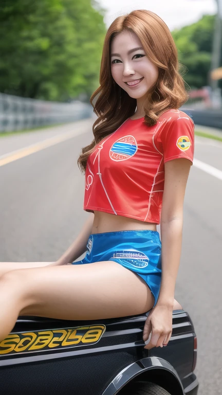 Highly detailed CG Unity 8K wallpaper, highest quality, Super detailed, masterpiece, realistic, photo realistic, Highly detailed cute girl, 25 years old, (whole bodyからつま先まで:1.4)、(whole body)、(whole body to toes)、(shot from the side)、(sitting on the hood of a car)、(lace queen)、
(Sponsored and wearing grid girl costume'logo is printed.:1.3), (shorts) , (sitting in a motorsport race), (cleavage), smile ,whole bodyショット ,(Side view)、(side shot)、(smile at the camera)、