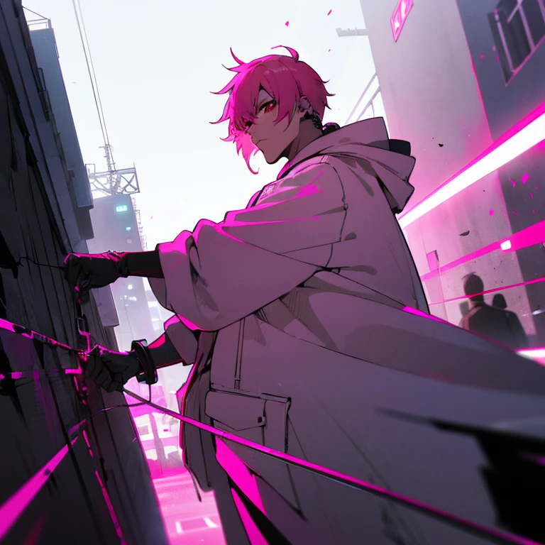 (shortcut), (two block hair), (bright pink hair), (red eyes), (cool pose), (top quality), (masterpiece), (Super detailed), (oversized hoodie), (Street style), (neon), (modern city), (neonデイライト), (cinematic), (stylish), (High resolution), (hyper-detailed), (soft town), (Nightcore), (a handsome guy), (man wearing headphones), (natural appearance of the building), (IG studio anime style), (Low - Angle), (looking at the camera), (visualize)