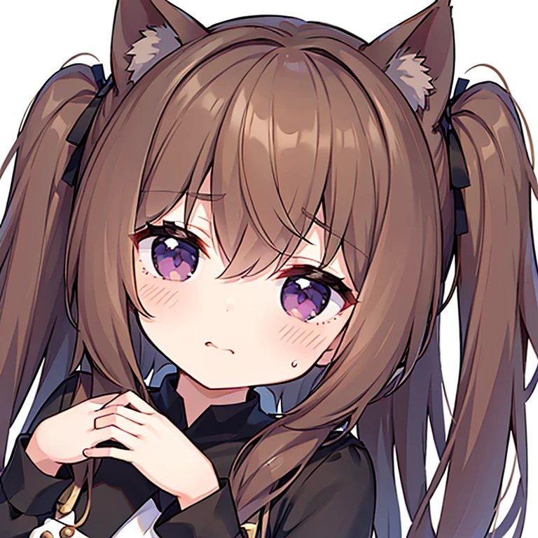 (1 girl), masterpiece, highest quality, super fine illustration, very cute girl, Highly detailed beautiful face, looking at the viewer, 1 girl, belt, close, looking at the viewer, 4K, High resolution, ribbon, Phyllis Mistrout, blush, throw, twin tail hair, white background, simple background, thick outline, purple eyes, (sleep), brown hair, Little, expression of love, ((brown hair)), (Blood),