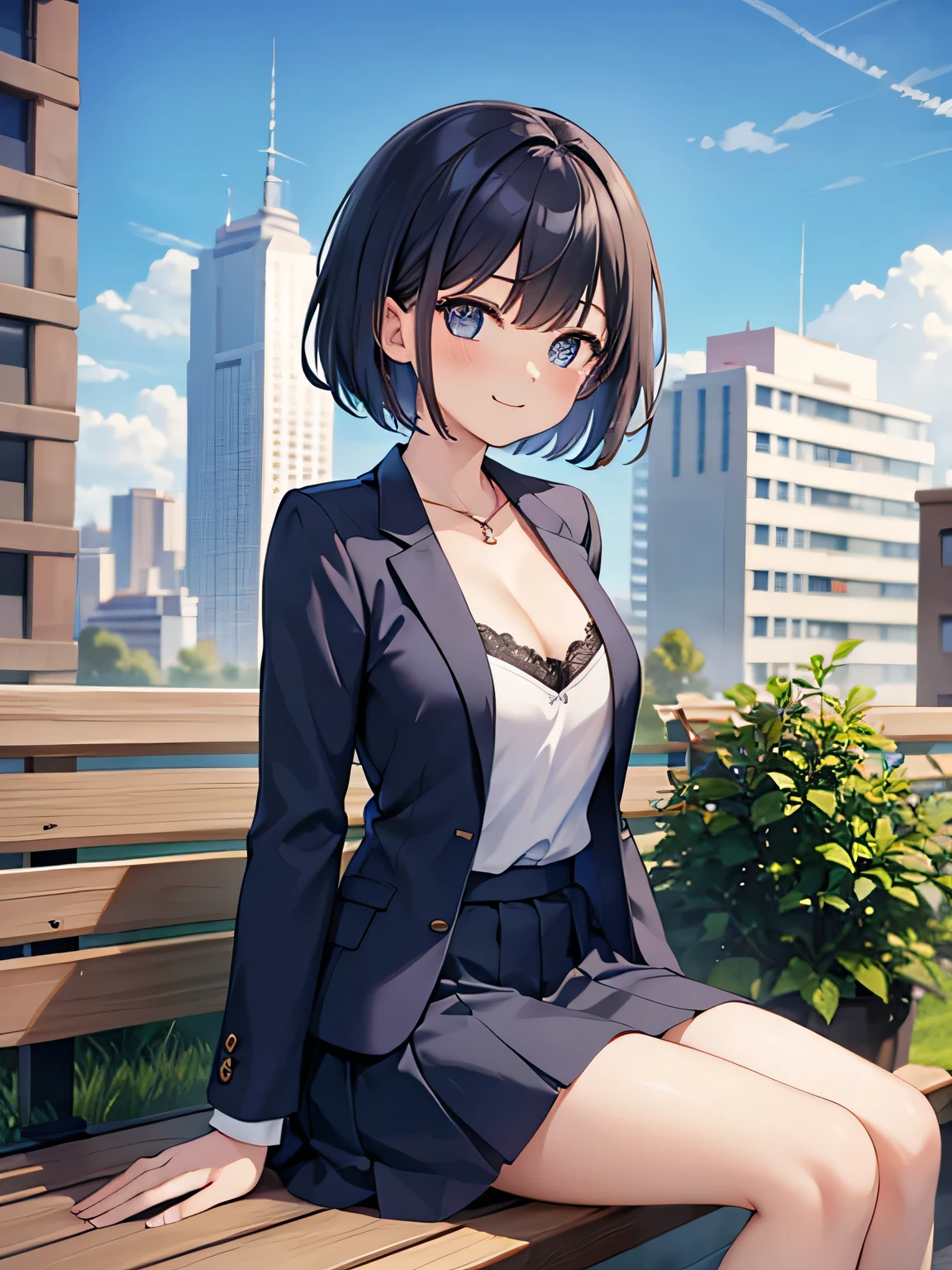 (1) A woman is sitting on a bench with a smile.
(2) women have short hair、She is wearing a white V-neck innerwear and a navy blue skirt suit.。.
(3) Cleavage in women is visible.
(4) The location is a bench on the roof of a building..
(5) draw her front view.