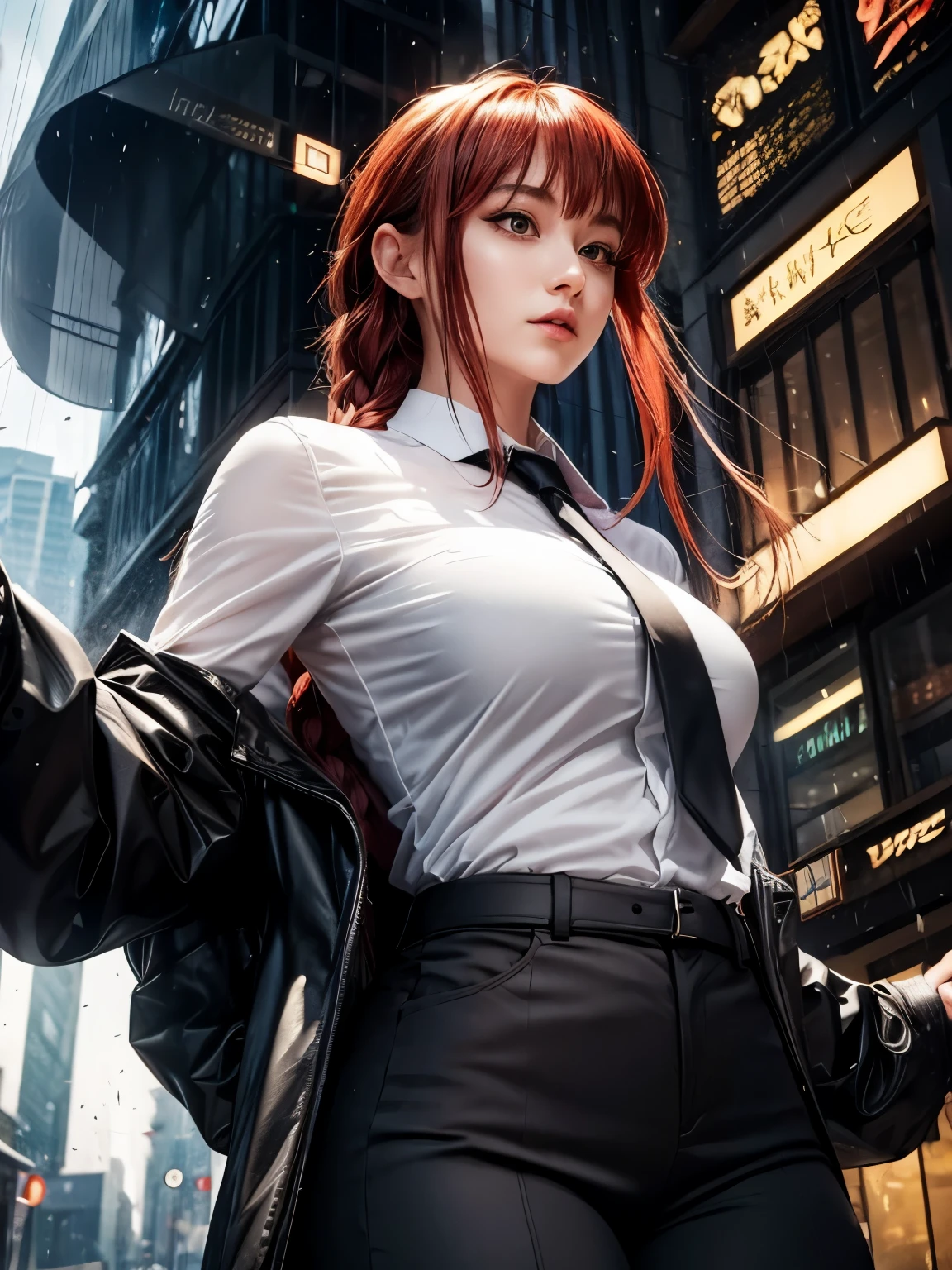 1girl, white tight shirt, skinny black tie, curvy body, detailed face, perfect eyes, detailed hands, light background, makima, expressionless, closed mouth, looking at the viewer, long hair, red hair, braided ponytail, ringed eyes, formal, coat, collared shirt, black tie, black trousers, realistic, ultra detail, 70mm lens