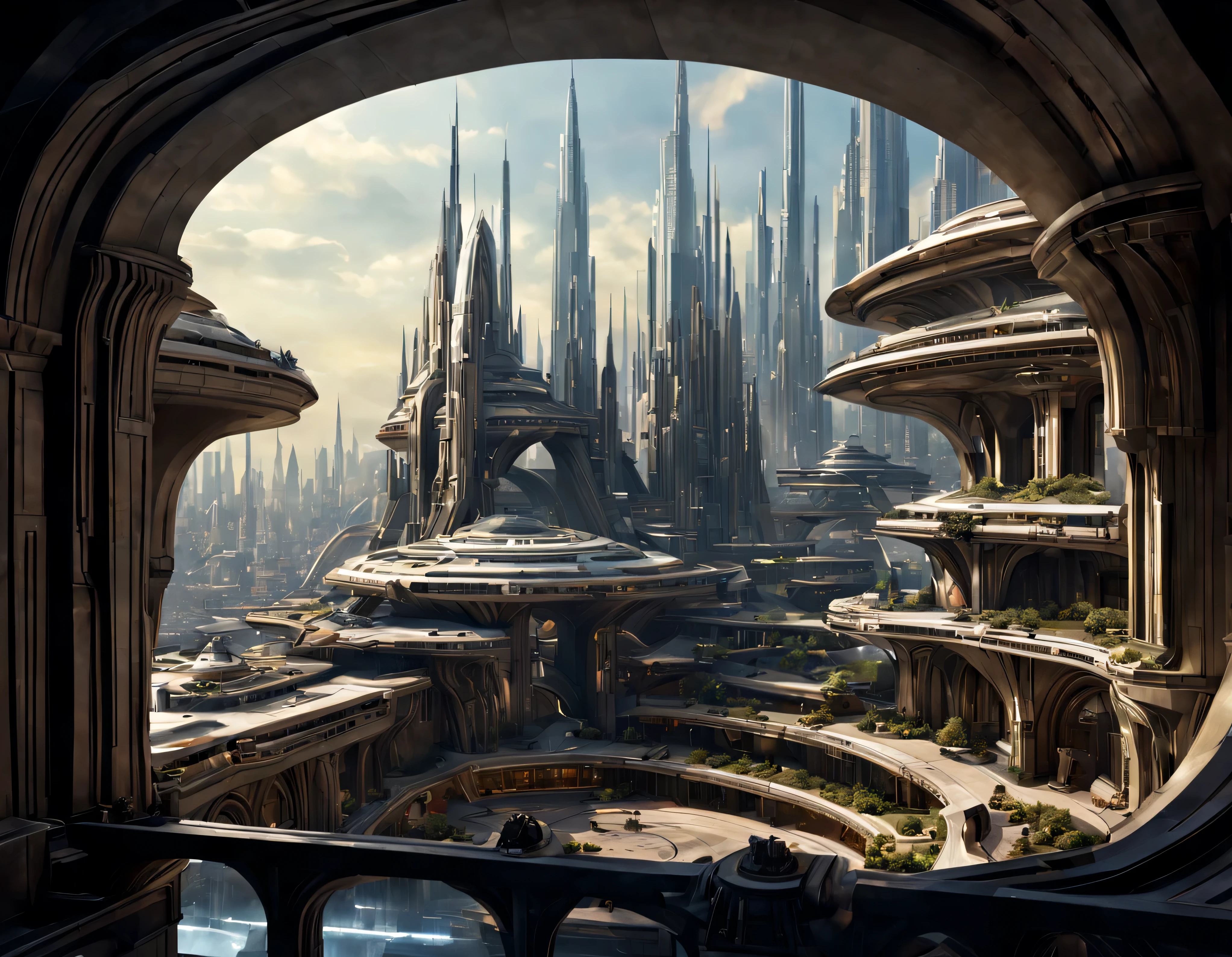 vista desde una terraza de la ciudad de coruscant de star wars, con sus inmensos edificios futuristas, divisandose el templo jedi de coruscant, con una inmensa nave alargada posada en sus inmediaciones, (Design by Doug Chiang), edificios del fondo nitidos y bien definidos, intrincados detalles de la maquina de la mas alta calidad, estilo cinematografico, nitidez absoluta, imagen 8k. (obra maestra de superior calidad