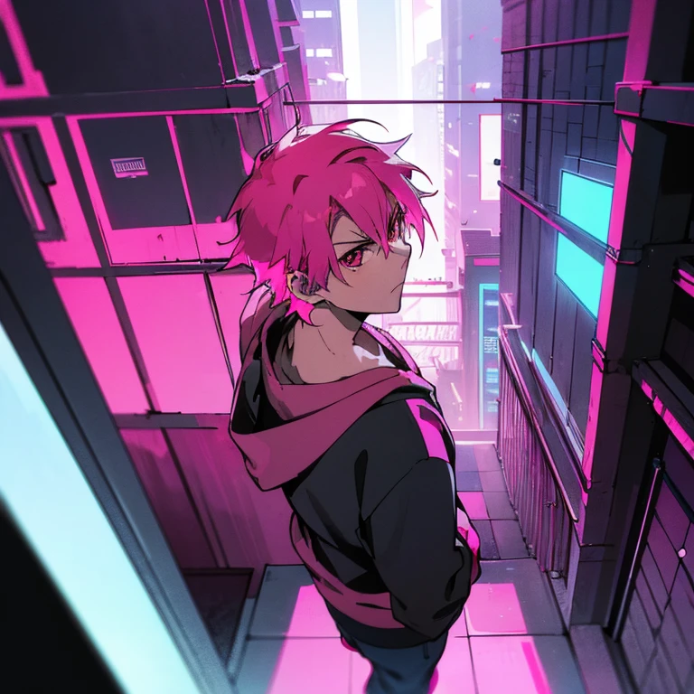 (shortcut), (two block hair), (bright pink hair), (red eyes), (cool pose), (top quality), (masterpiece), (Super detailed), (oversized hoodie), (Street style), (neon), (modern city), (neonデイライト), (cinematic), (stylish), (High resolution), (hyper-detailed), (soft town), (Nightcore), (a handsome guy), (man wearing headphones), (natural appearance of the building), (IG studio anime style), (Low - Angle), (looking at the camera), (visualize)