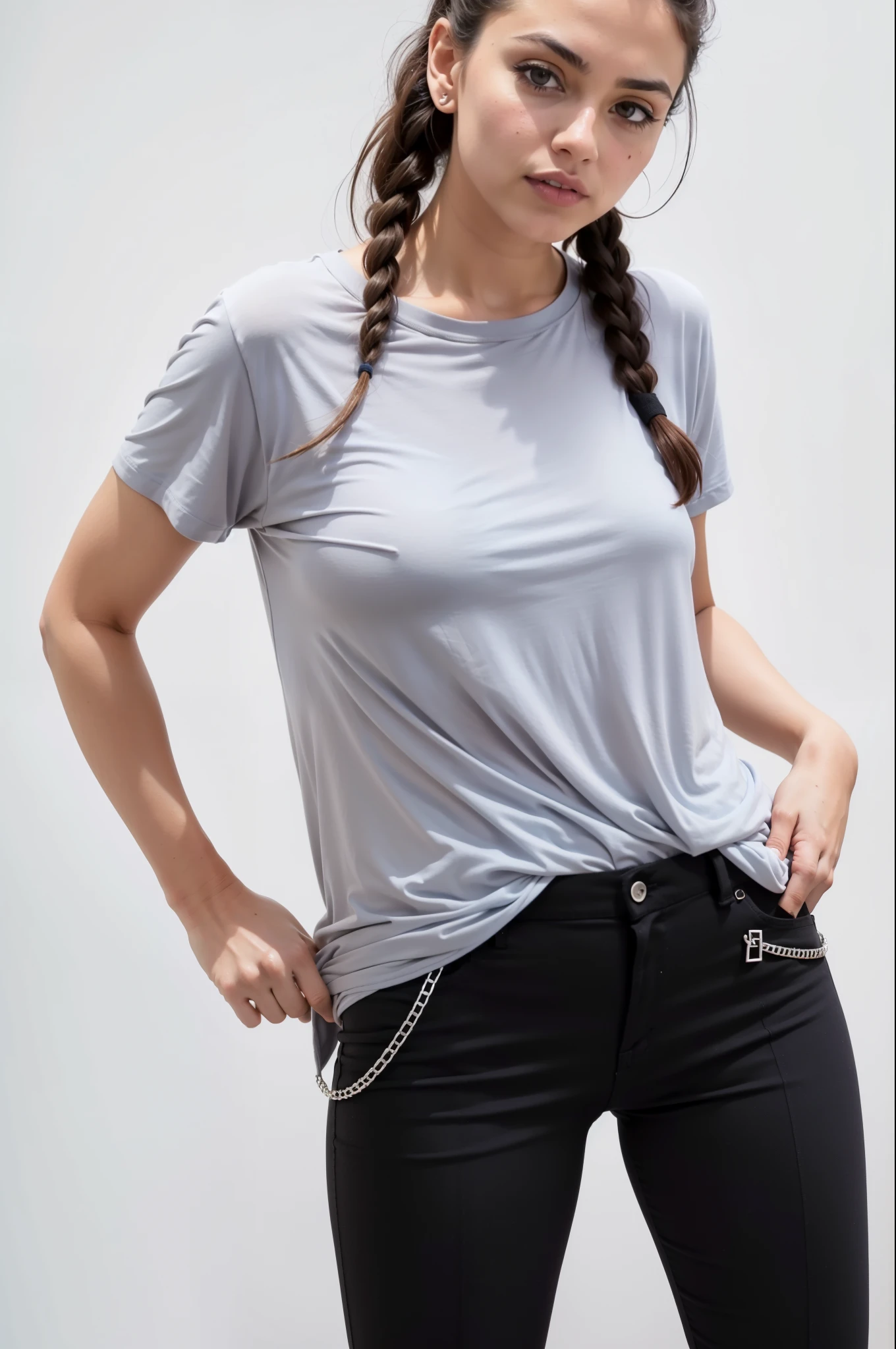 A woman in a gray shirt and black pants posing for a photo, camisa cinza, camiseta molhada, camiseta molhada, roupas cinzas, wearing a camiseta, with ripped crop camiseta, wet camiseta, camisa apertada, basic clothing, camisa rasgada, camiseta, camiseta, camisa de malha, wearing camisa apertada, camisa suja de manga curta