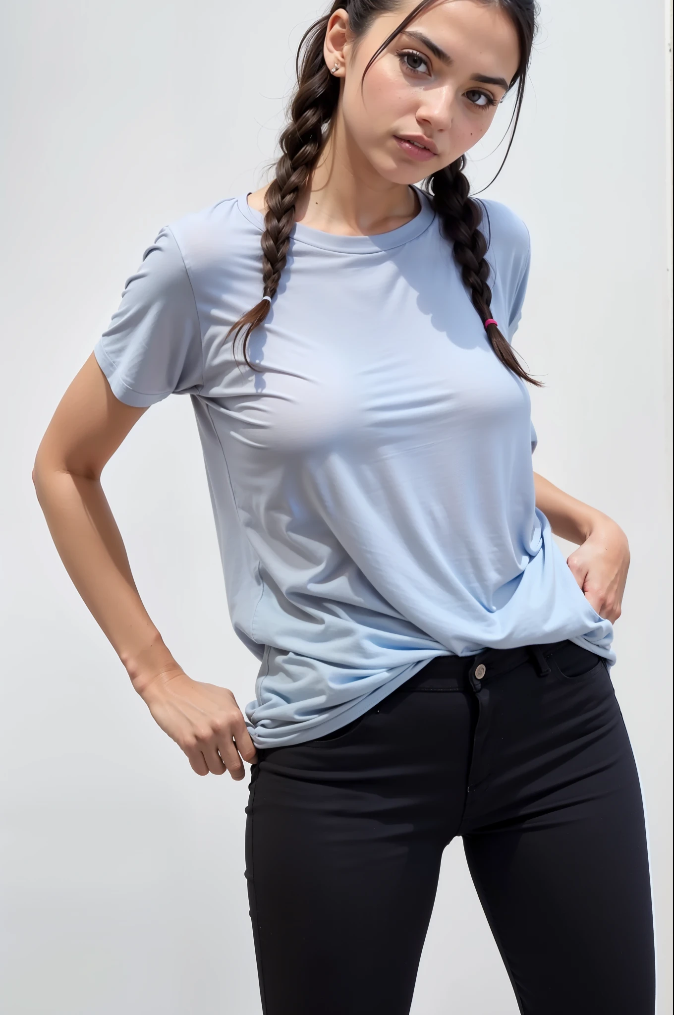 A woman in a gray shirt and black pants posing for a photo, camisa cinza, camiseta molhada, camiseta molhada, roupas cinzas, wearing a camiseta, with ripped crop camiseta, wet camiseta, camisa apertada, basic clothing, camisa rasgada, camiseta, camiseta, camisa de malha, wearing camisa apertada, camisa suja de manga curta