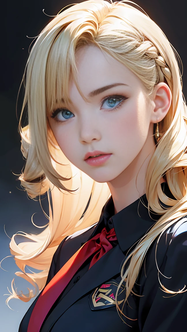 (8ก, highest quality: 1.2), very detailed, thorough solution, (realistic, realistic photo: 1.37), portrait, High resolution RAW color photograph, arrested on the job, High resolution and beautiful, High resolution, 8ก Image Wallpaper, amazing details, large filesize, very detailed美少女, very detailed face, Finely defined eyes, Fine skin texture., All functions are clearly displayed., The contours of the fingers are perfectly shaped.., the nose has the correct shape., expressive lips, perfect anatomy, background is not blurred, one story, (20:1.2), 20s, pretty girl, realistic, (Vertical winding drill with long blonde hair:1.3), (blue iris), (School Uniform)