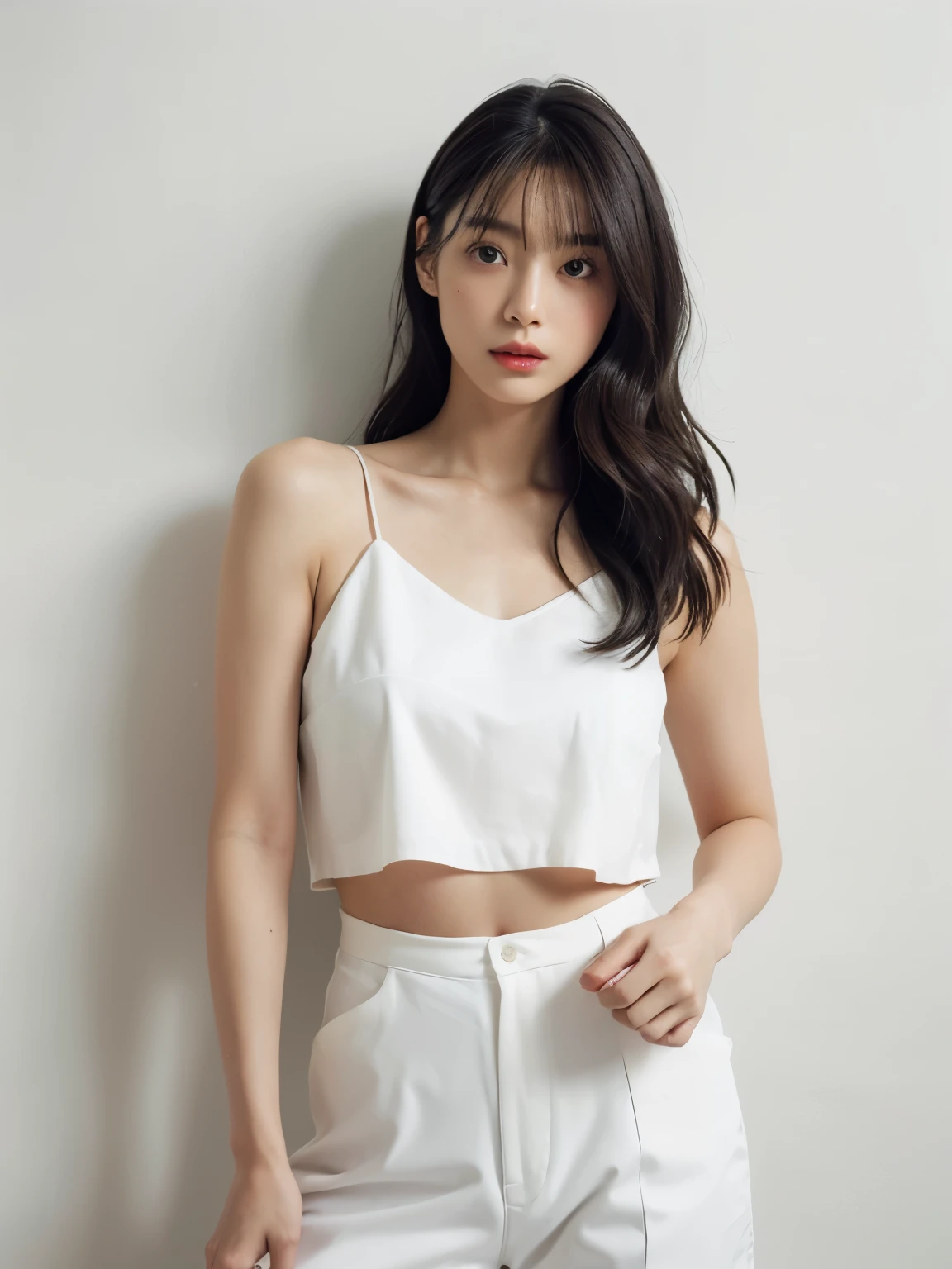 See-through tops、巨乳、キャミソール、くびれ、腹筋、さらさらな髪の毛、(背景にwhite wall、Part of her hair is LemonChiffon:1.4)、white wall、Taken in front of the white door、(窓のあるwhite wallの部屋)、((highest quality、8K、masterpiece:1.3))、ultra high resolution、(photorealistic:1.4)、raw photos、Japanese,(details face)、real、Shot in natural light、Highly detailed face and skin texture、highly detailed lips、correct state of the human body、medium hair、black hair、various poses、natural color lip