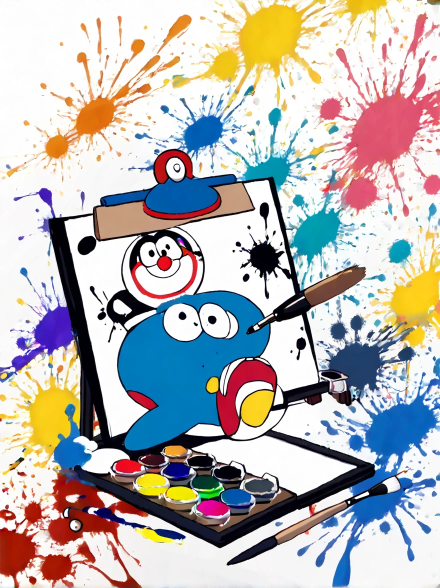 Whimsical vibe，an underwater world，((A cute octopus-shaped Doraemon is drawing on the drawing board with a brush:1.6))，((ink pigment，Strong splash of colored ink:1.6))，(在画布和章鱼身上有更多的ink splatter effect:1.6)，(Character covered in ink liquid splatter:1.6), (ink splatter effect:1.4)，(Splash paint:1.4), (Rainbow paint splash:1.4)，(paint splatter background:1.4)，The octopus should look happy doing its art，Surrounded by a vibrant aquatic environment filled with coral and marine life，(vector illustration:1.2)