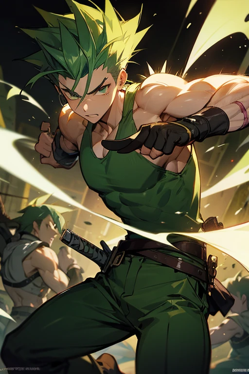 age male with green spiked hair, Medieval bandits, green pants and tank top,2 daggers,Meticulous muscle detail,(whole body),smooth skin,anatomically correct,Challenging eyes,night , fierce battle