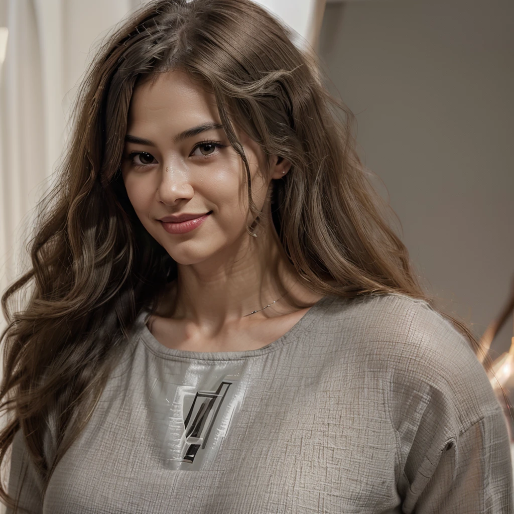 (fidelity: 1.4), amazing, masterpiece, ((female, big )), slim, muscular, sharp ears, light gray skin, long curly gray hair, red eyes, smile, minder, do not disturb, Recite the Pipa