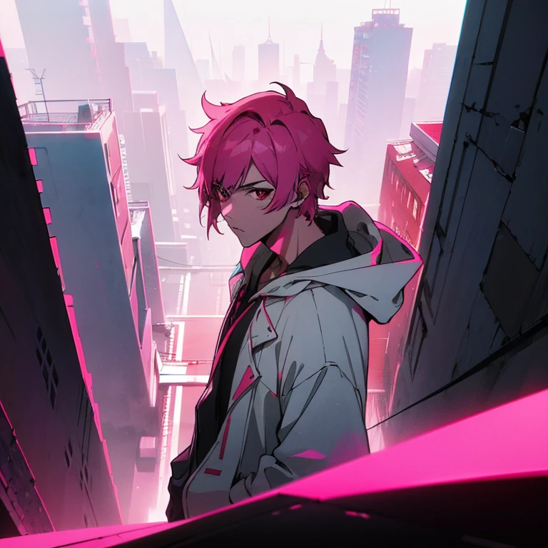 (shortcut), (two block hair), (bright pink hair), (red eyes), (cool pose), (top quality), (masterpiece), (Super detailed), (oversized hoodie), (Street style), (neon), (modern city), (neonデイライト), (cinematic), (stylish), (High resolution), (hyper-detailed), (soft town), (Nightcore), (a handsome guy), (man wearing headphones), (natural appearance of the building), (IG studio anime style), (Low - Angle), (looking at the camera), (visualize)
