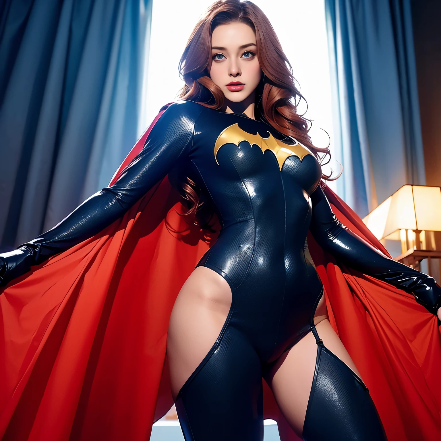 “Woman, long curly hair, red hair, blue eyes,full body, soft, cute, batgirl suit wide open, show nipples, show vagina, open legs:1.4