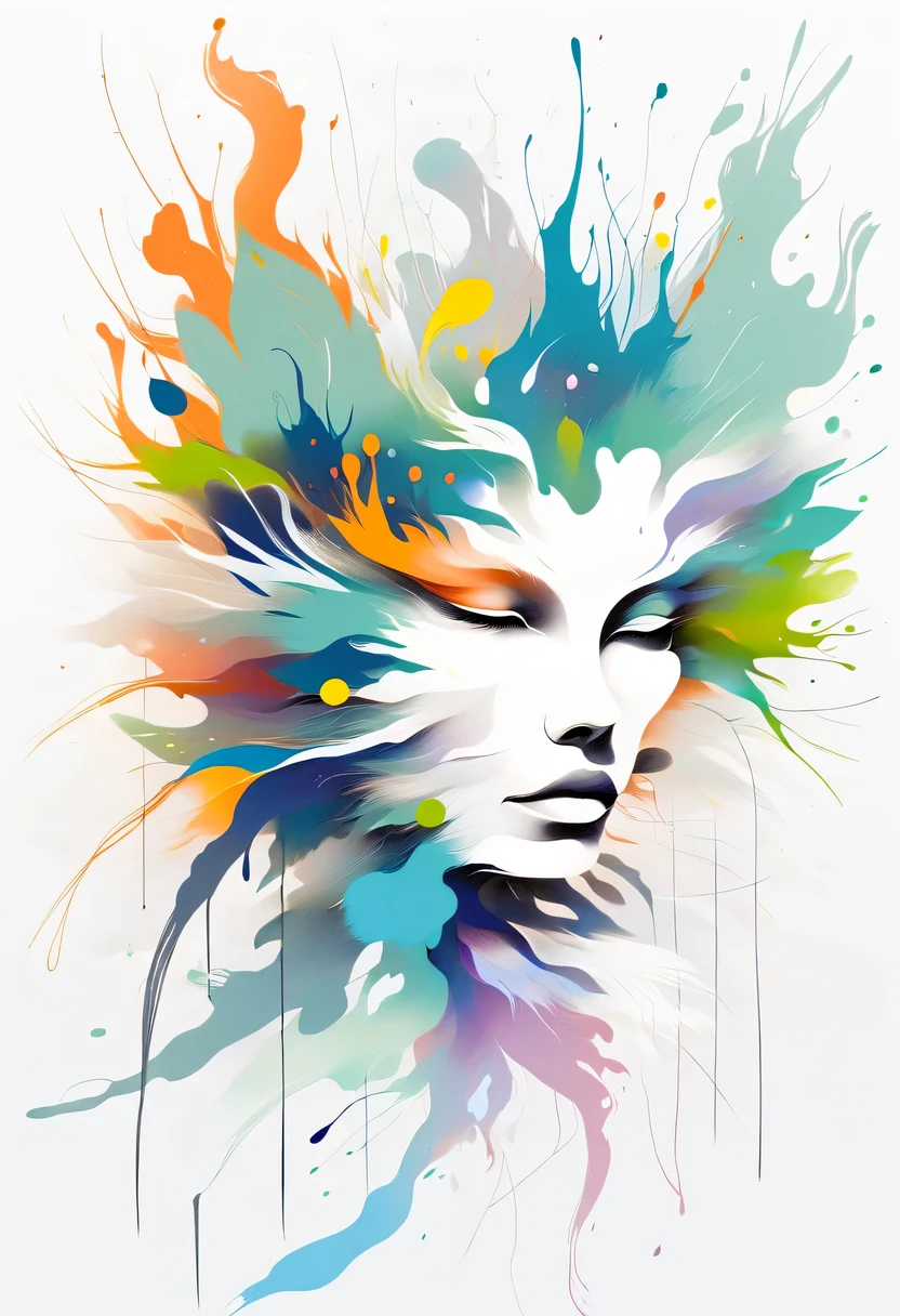 scribble art，ink splatter，Wild，splash ink painting，Abstraction，rich and colorful，Vague dreams，Dynamic energy,publish creation，visual impact,modern aesthetic,Elegant and simple,Contemporary interpretation,be bold,White background，lots of white space