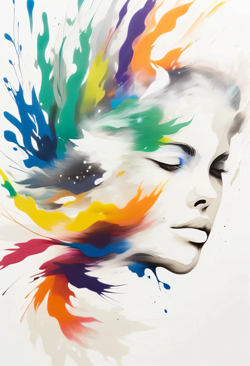 scribble art，ink splatter，Wild，splash ink painting，Abstraction，rich and colorful，Vague dreams，Dynamic energy,publish creation，visual impact,modern aesthetic,Elegant and simple,Contemporary interpretation,be bold,White background，lots of white space