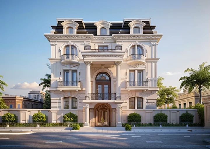 a rendering of a row of modern apartment buildings with balconies, neo - classical style, neo - classical, neo-classical, wide angle exterior 2022, precise architectural rendering, neoclassical style, exterior design, inter dimensional villa, high quality rendering, architectural rendering, residential, neo classical architecture, ultra realistic rendering, rich house, architectural visualization