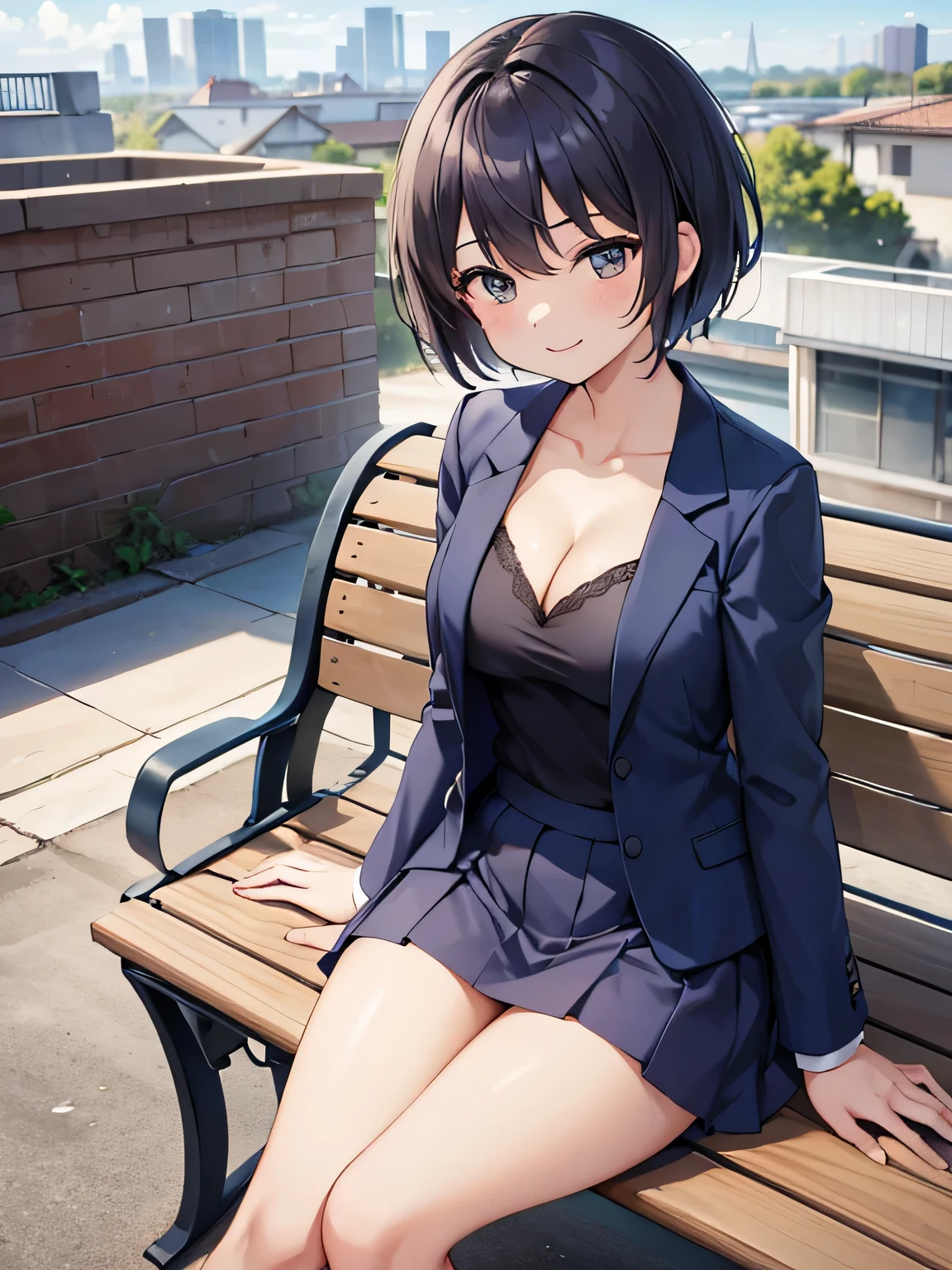 (1) A woman is sitting on a bench with a smile.
(2) women have short hair、She is wearing a white V-neck innerwear and a navy blue skirt suit.。.
(3) Cleavage in women is visible.
(4) The location is a bench on the roof of a building..
(5) draw her front view.