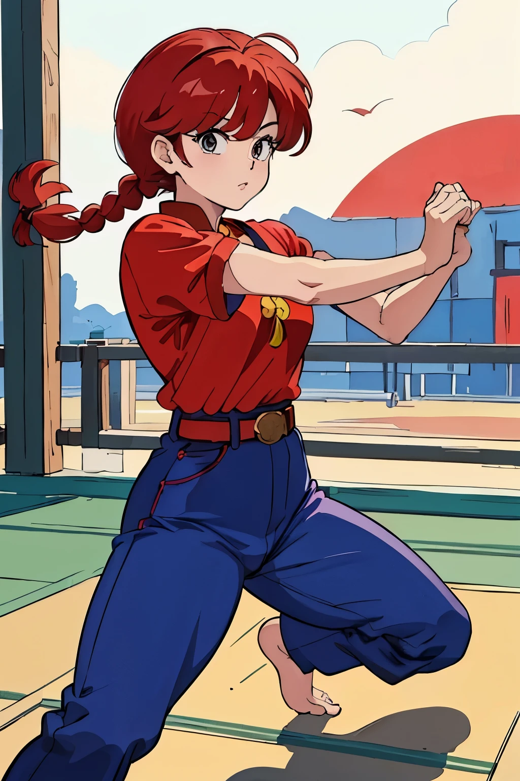 (8k, Foto RAW, La mejor calidad, Obra maestra:1.2), Ranma Chan, Ranma Red Shirt, red hair, braided belt, blue pants, martial art
