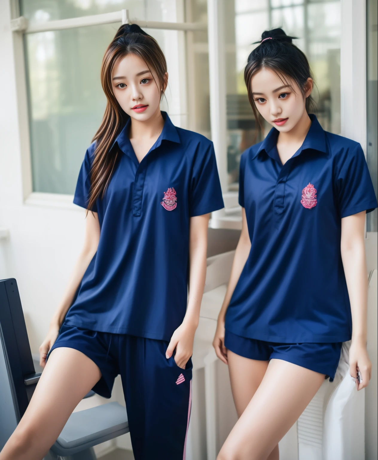 2 girls in the fitness center, Navy blue short-sleeved shirt,Navy Long Trackpant,Sweatpants, Sweatpantsขายาว,25 year old girl, lesbian, sexy, exercise clothes, wet body