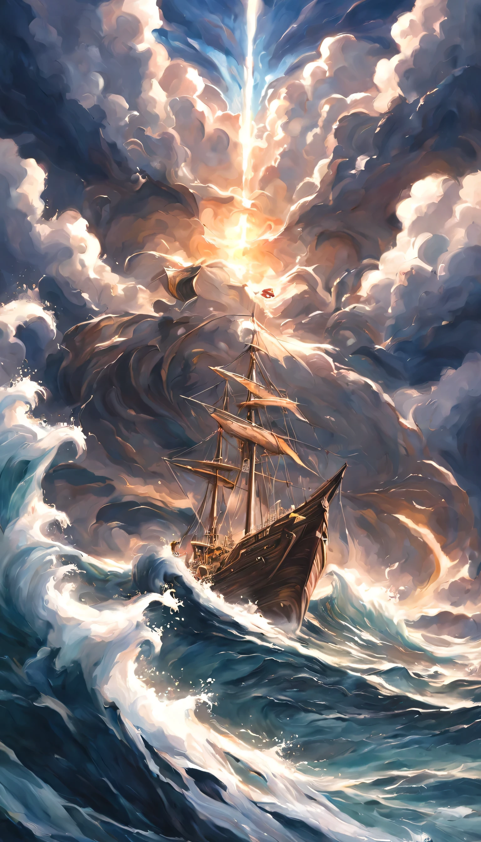 stormy sea, radiant figure, guiding, ship, God, life's challenges, medium:oil painting, dramatic lighting, powerful waves, turbulent sky, ethereal glow, divine intervention, tumultuous journey, majestic vessel, tempestuous waters, spiritual guidance, triumph over adversity, epic struggle, divine guidance