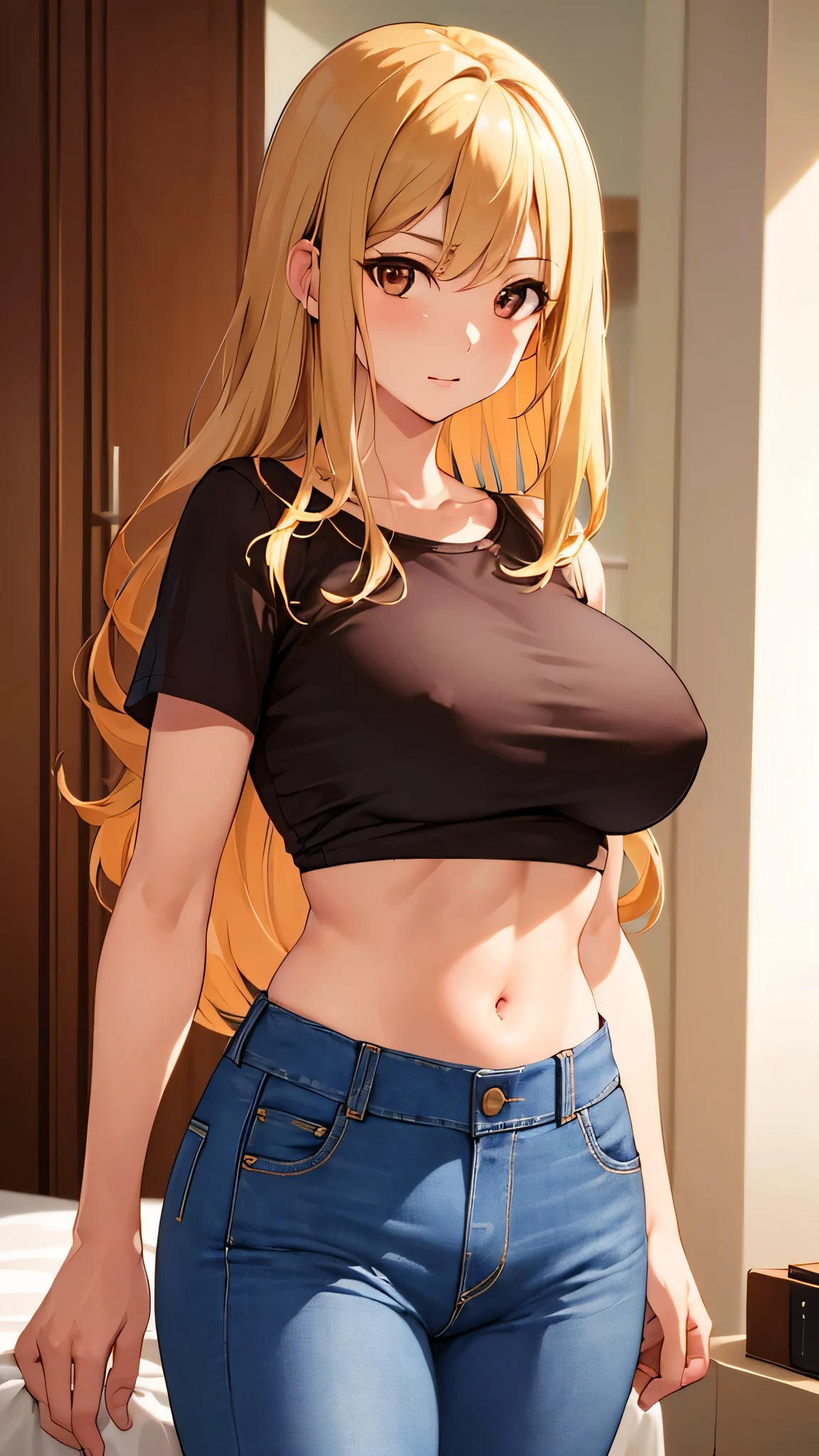 masterpiece, best quality, One Woman,solo,long hair, blonde hair, brown eyes, portrait, large breasts, short sleeves, crop top, jeans, standing, brown shirt, blue pants, upper body, looking at viewer, love hotel room,