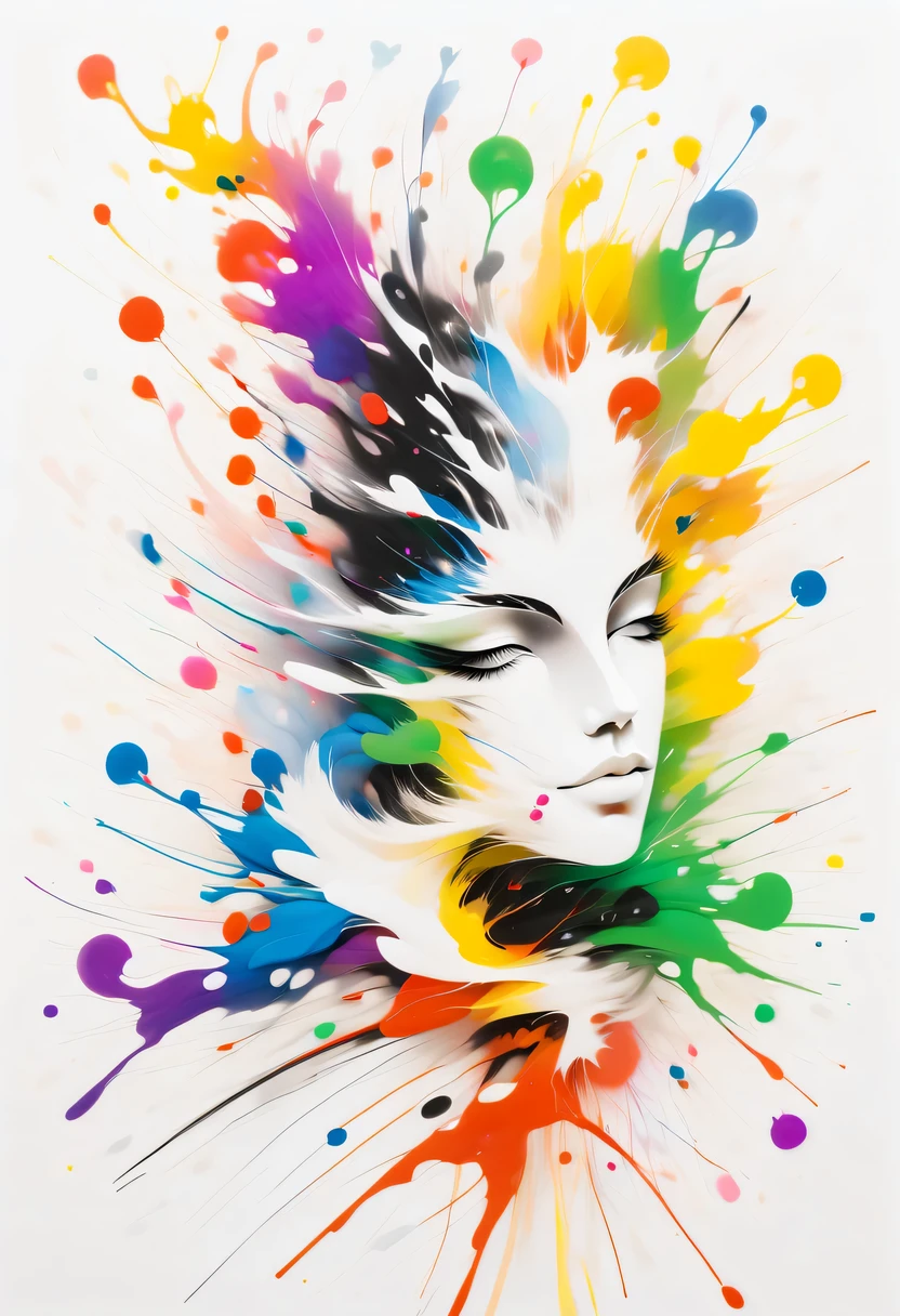 scribble art，ink splatter，Wild，splash ink painting，Abstraction，rich and colorful，Vague dreams，Dynamic energy,publish creation，visual impact,modern aesthetic,Elegant and simple,Contemporary interpretation,be bold,White background，lots of white space