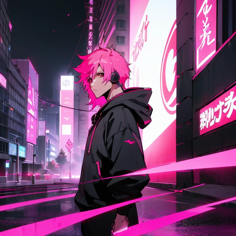 (shortcut), (two block hair), (bright pink hair), (red eyes), (cool pose), (top quality), (masterpiece), (Super detailed), (oversized hoodie), (Street style), (neon), (modern city), (neonデイライト), (cinematic), (stylish), (High resolution), (hyper-detailed), (soft town), (Nightcore), (a handsome guy), (man wearing headphones), (natural appearance of the building), (IG studio anime style), (Low - Angle), (looking at the camera), (visualize)
