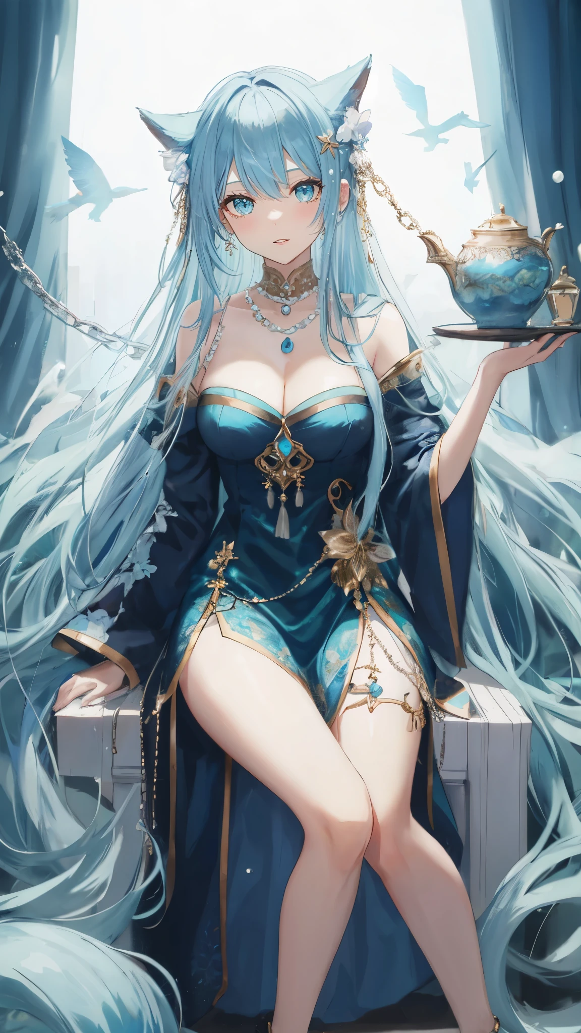 海long blue hair,close up,dream world,Mermaid Royal Sister, 海long blue hair,sitting on an royal throne,tear nevus,Mermaid ears,(pearl head chain,necklace),necklace,Long off-the-shoulder blue dress,humanoid, Poseidon temple background, her skin is white, fair complexion,green eyes,long blue hair, Two long black stocking legs,High heel,black legs,tattoo