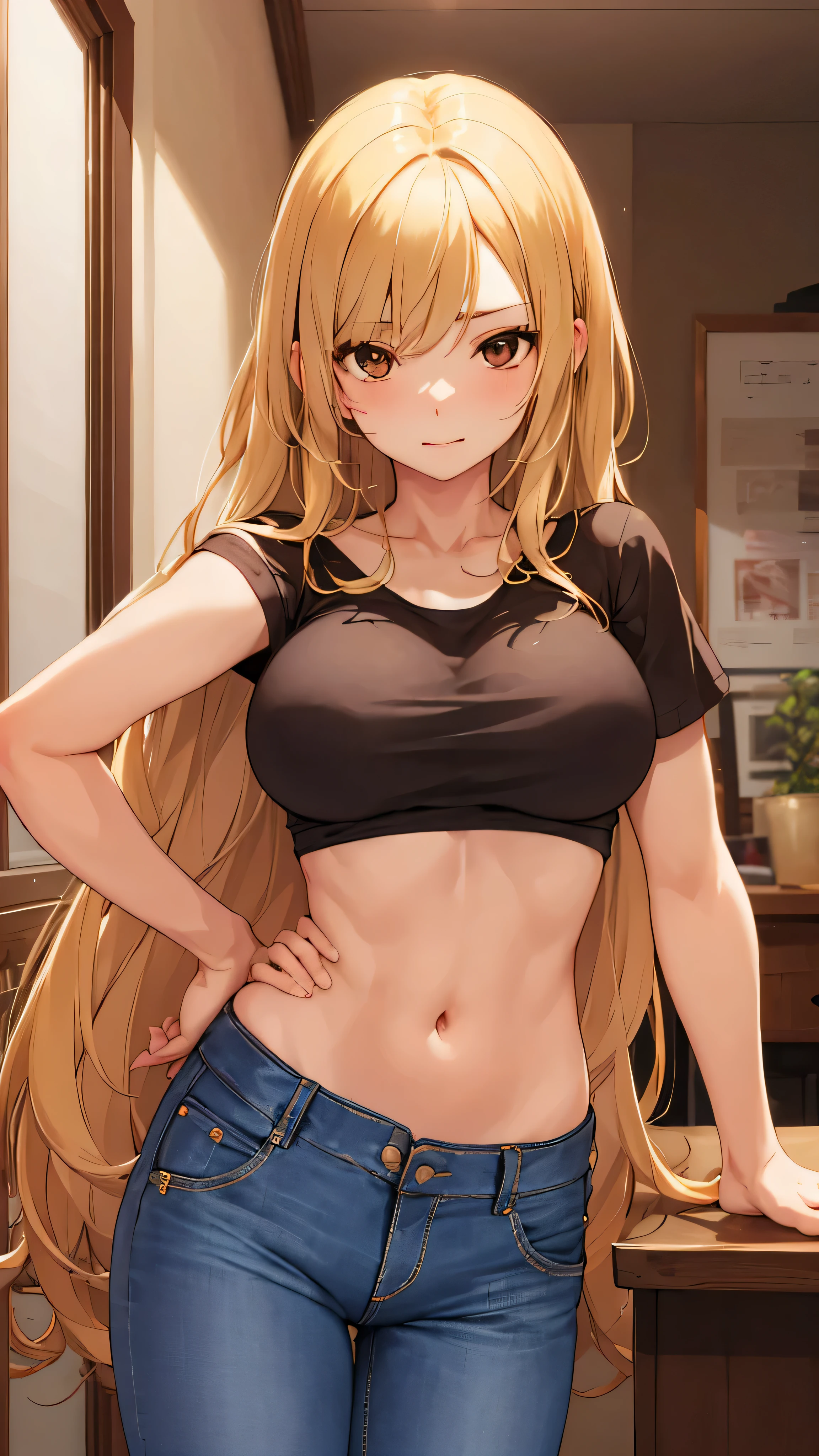 masterpiece, best quality, One Woman,solo,long hair, blonde hair, brown eyes, portrait, large breasts, short sleeves, crop top, jeans, standing, brown shirt, blue pants, upper body, looking at viewer, love hotel room,