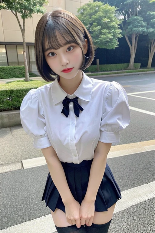 highest quality、masterpiece、thin、Not big breasts、bob cut、highly detailed face、fine eyes、double eyelid、face like an idol、beautiful face、cute、Japanese、beautiful girl、collared shirt、pleated skirt、knee high socks、Absolute area、baby face