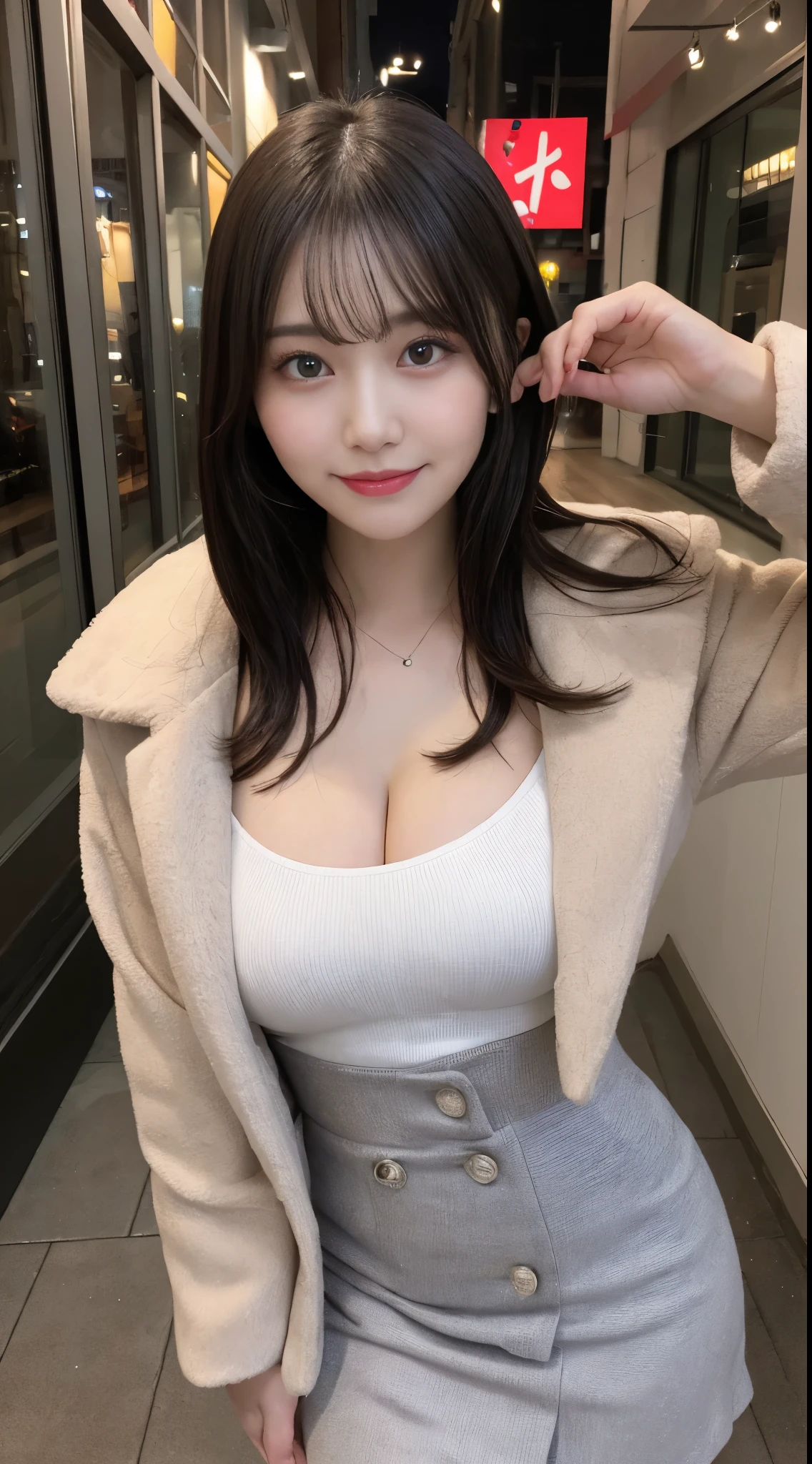 highest quality、shape、Super detailed、finely、ultra high resolution、8k raw photo、完璧なダイナミックな構shape、beautiful and detailed eyes、clear amber eyes、winter dress、medium hair、Sexy bust、emphasized cleavage、natural color lip、random sexy pose、enchanting smile、big city、night time、City of night、22-year-old girl、beautiful and detailed face、perfect and beautiful face、Big eyes、8k raw photo、Spread your arms and legs wide apart、Express your best mood with your whole body、small face、beautiful duplex、slim face and style、shapeの良い乳房、luxury brand mink coat、flare skirt、anatomically perfect body、