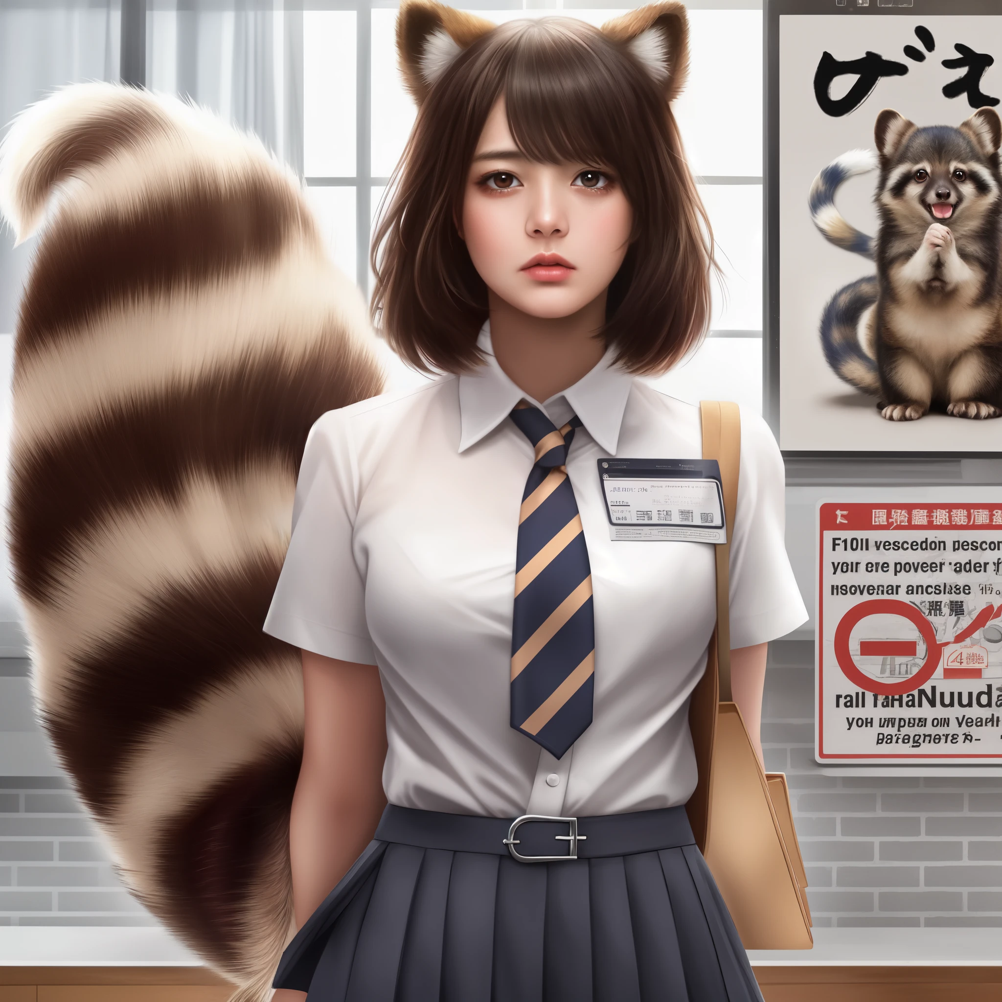 woman stands with a tanuki tail, (software) safe for work, fur with tail, software version, coworkers, realistic style, , realistic style , beautiful girl, photograph, 最high quality, (Her skirt is flipped up and her tail is visible.:1.8) ,Reality, small breasts, slender, white panties,tail from above panties, Tail from inside the skirt, bushy tail, realistic tail, flat chest, (software) safe for work, nffsw, retina, muste piece, Accurate, anatomically correct, super detail, advanced details, high quality, 最high quality, High resolution, 1080p, 4k, 8K, The tail is sticking out from inside the skirt, long tail, A face that looks like it's about to cry, troubled face