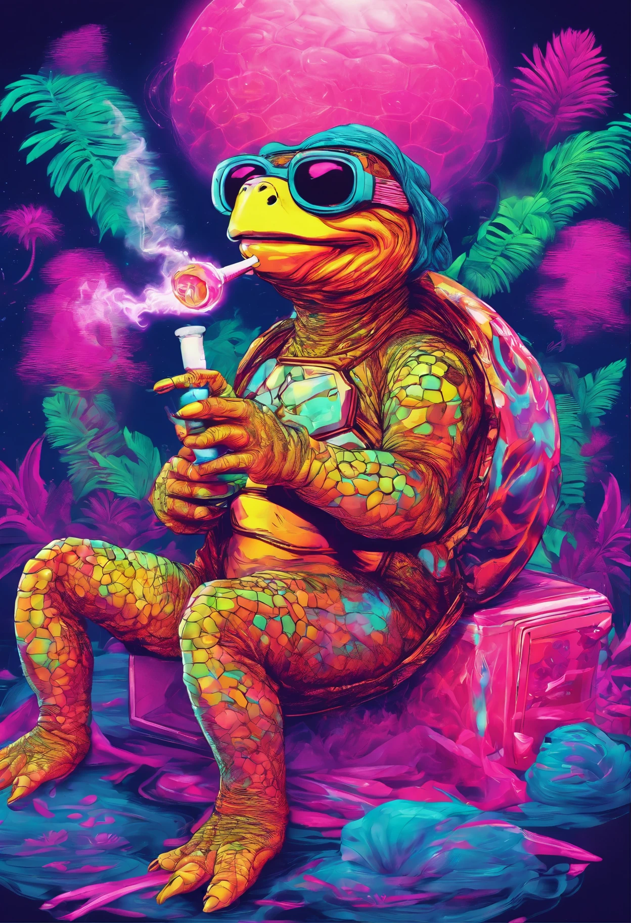 The turtle smokes a hookah and drinks kumiss