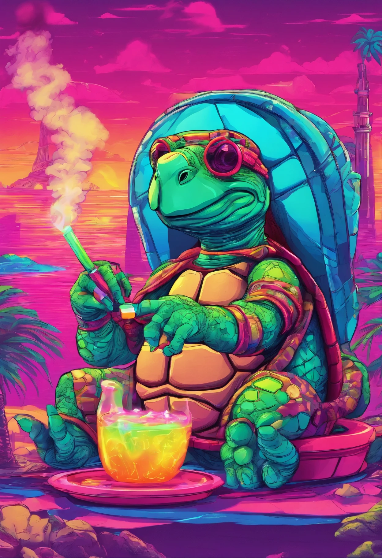 The turtle smokes a hookah and drinks kumiss