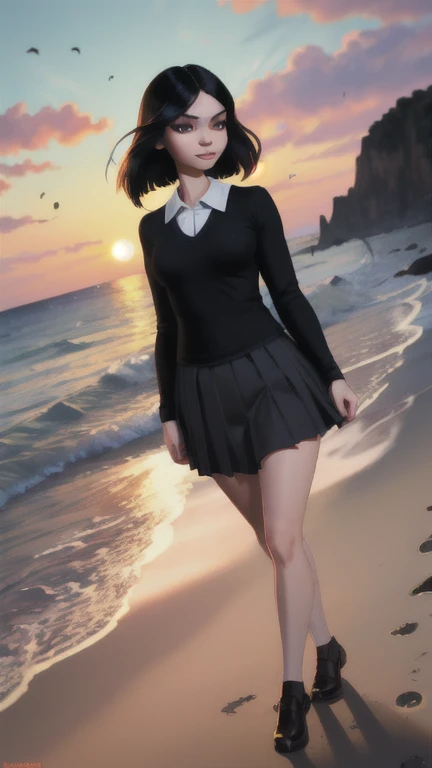 black hair, green eyes, volumetric lighting, light particles, beach background, evening, paper lantern, dark, sunset, pleated skirt, school uniform, full body, walking, looking at viewer