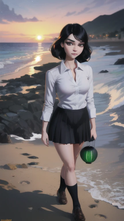 black hair, green eyes, volumetric lighting, light particles, beach background, evening, paper lantern, dark, sunset, pleated skirt, school uniform, full body, walking, looking at viewer