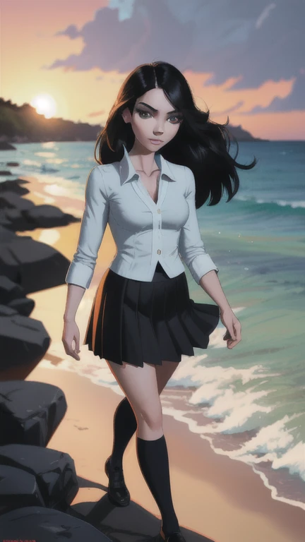 black hair, green eyes, volumetric lighting, light particles, beach background, evening, paper lantern, dark, sunset, pleated skirt, school uniform, full body, walking, looking at viewer