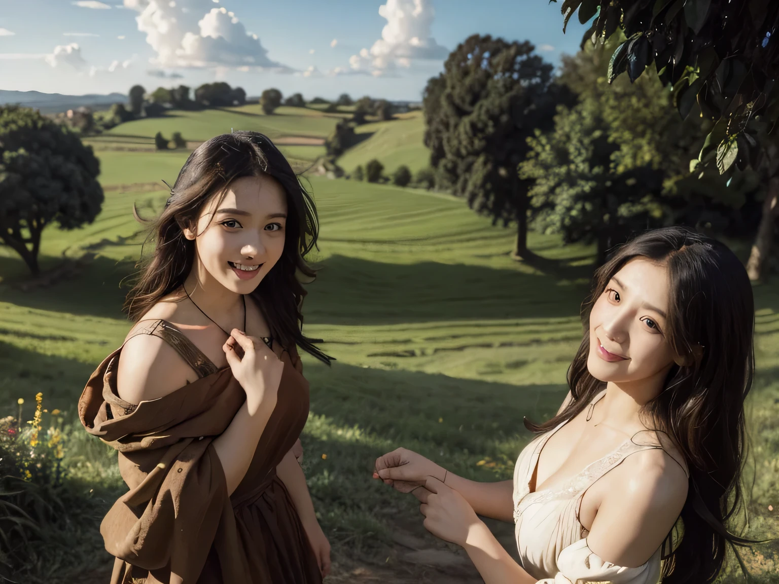 Ancient Roman ruins,Poussin-style landscape,A smile,,Sweet and seductive appearance.、Caravaggio's paintings、Chiaroscuro of Caravaggio、Hair disheveled in the wind,Two women frolicking,Cute smile, Expression of ecstasy,A sexy,Erotic