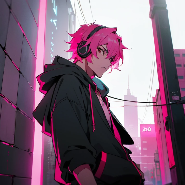 (shortcut), (two block hair), (bright pink hair), (red eyes), (cool pose), (top quality), (masterpiece), (Super detailed), (oversized hoodie), (Street style), (neon), (modern city), (neonデイライト), (cinematic), (stylish), (High resolution), (hyper-detailed), (soft town), (Nightcore), (a handsome guy), (man wearing headphones), (natural appearance of the building), (IG studio anime style), (Low - Angle), (looking at the camera), (visualize)